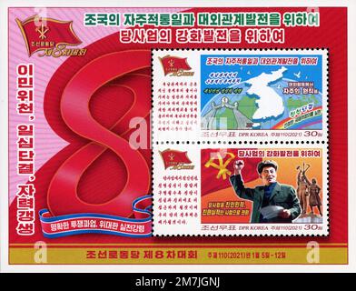 2021 Nordkorea-Stempel. 8. Kongress der Arbeiterpartei Koreas. Wiedervereinigung, Wirtschaft Stockfoto