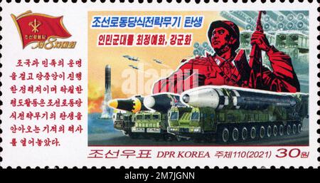 2021 Nordkorea-Stempel. 8. Kongress der Arbeiterpartei Koreas. Militärische ballistische Raketen Stockfoto