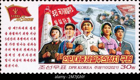 2021 Nordkorea-Stempel. 8. Kongress der Arbeiterpartei Koreas. Einheit der Nation Stockfoto