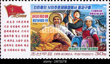 2021 Nordkorea-Stempel. 8. Kongress der Arbeiterpartei Koreas. Landwirtschaft, Industrie, Fischerei Stockfoto