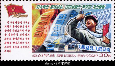 2021 Nordkorea-Stempel. 8. Kongress der Arbeiterpartei Koreas. Transport. Wasserkraft Stockfoto