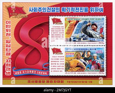 2021 Nordkorea-Stempel. 8. Kongress der Arbeiterpartei Koreas. Stockfoto