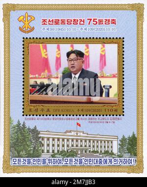 2020 Nordkorea-Stempel. 2020 der 75. Jahrestag der Gründung der Arbeiterpartei Koreas Stockfoto