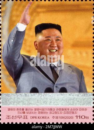 2020 Nordkorea-Stempel. Die Militärparade feierte den 75. Jahrestag der Gründung der Arbeiterpartei Koreas. Rede von Kim Jong UN Stockfoto