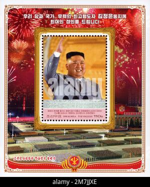 2020 Nordkorea-Stempel. Die Militärparade feierte den 75. Jahrestag der Gründung der Arbeiterpartei Koreas. Rede von Kim Jong UN Stockfoto