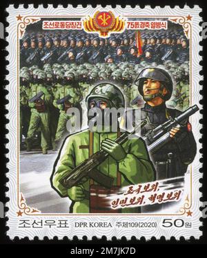 2020 Nordkorea-Stempel. Die Militärparade feierte den 75. Jahrestag der Gründung der Arbeiterpartei Koreas.Paraders Stockfoto