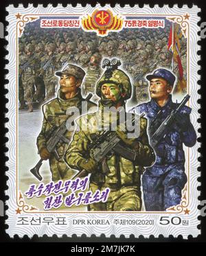 2020 Nordkorea-Stempel. Die Militärparade feierte den 75. Jahrestag der Gründung der Arbeiterpartei Koreas.Paraders Stockfoto