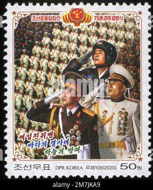 2020 Nordkorea-Stempel. Die Militärparade feierte den 75. Jahrestag der Gründung der Arbeiterpartei Koreas.Paraders Stockfoto