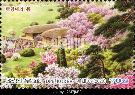 2020 Nordkorea-Stempel. Kim Il Sung zum 108. Geburtstag 1912-1994 - Mangyongdae im Frühling Stockfoto