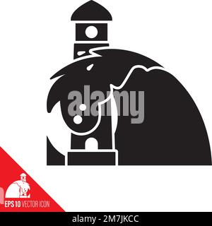 Eine große Welle stürzt bei einem Leuchtturm-Cartoon-Vektorsymbol ab. Naturgewaltsymbol. Stock Vektor