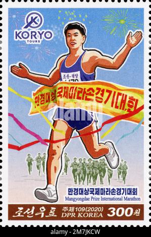 2020 Nordkorea-Stempel. Mangyongdae-Preis Internationaler Marathon, Pjöngjang Stockfoto