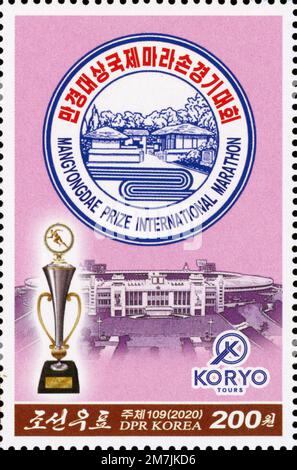 2020 Nordkorea-Stempel. Mangyongdae-Preis Internationaler Marathon, Pjöngjang Stockfoto