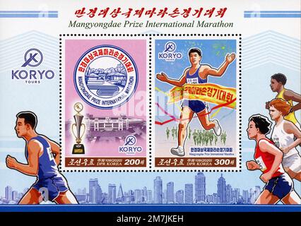 2020 Nordkorea-Stempel. Mangyongdae-Preis Internationaler Marathon, Pjöngjang Stockfoto