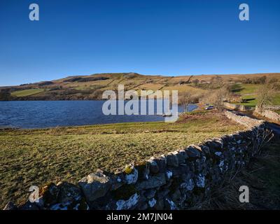 Mit einem untergetauchten Tor und Zaun, vom nördlichen Ufer von Semerwater, mit Blick nach Nordwesten in Richtung Green Scar Mire Crag. Raydale. North Yorkshire Stockfoto