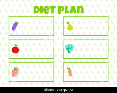 Diätplan auf grünem Hintergrund. Diät-gesundes Konzept. Gewichtsverlust-Konzept. Gesundes veganes Essen. Gesunde Lebensmittel Hintergrund. Gesundheitsfürsorge. Gewichtsverlust-Programm. Organisches Konzept. Vektordarstellung Stock Vektor