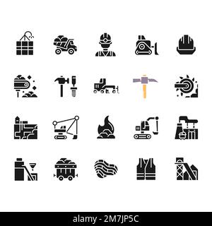 Schwarze Glyphensymbole im Kohlebergbau auf weißen Flächen Stock Vektor