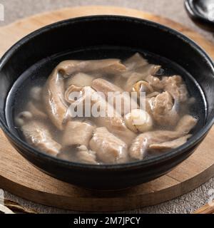 Four Tonics Suppe. Köstliches hausgemachtes taiwanesisches traditionelles chinesisches Kräutergericht mit Kräutern, Schweinedärm auf grauem Tischhintergrund Stockfoto