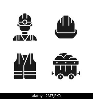 Schutzausrüstung für Kohlebergleute, schwarze Glyphen auf weißem Raum Stock Vektor