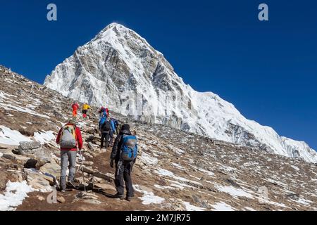 Gruppe von Wanderern, die nach Kala Patthar kommen - dem Aussichtspunkt des Mount Everest - mit Pumori Gipfel im Hintergrund. Weg zum Kala Pattar h Stockfoto