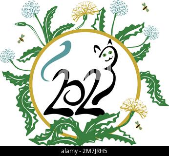 Katze mit den Zahlen 2023 mit Blume im Handzeichnen-Stil. Mondzodiac-Symbol des Jahres der Katze. Weihnachtslogo für das chinesische Neujahr 2023 Stock Vektor