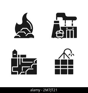 Symbole für schwarze Glyphen bei der Kohleverarbeitung auf weißen Flächen gesetzt Stock Vektor