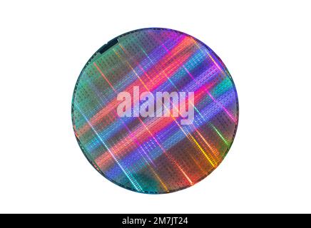 Halbleiter-Wafer-Scheibe aus weiß isoliertem Silizium Stockfoto