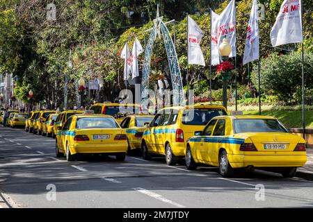 Das Taxi wartet auf die Ankunft der AV vor Jardim Municipal do Funchal, Funchal. Madeira. Portugal. Stockfoto