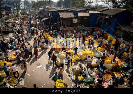 Kalkutta, Indien. 10. Januar 2023. Ein Blick auf den Blumenmarkt von Kalkutta, während die Menschen im Rahmen der Massenpilgerfahrt nach Gangasagar Mela 2023 in West Begal ankommen. Kredit: Matt Hunt/Neato/Alamy Live News Stockfoto