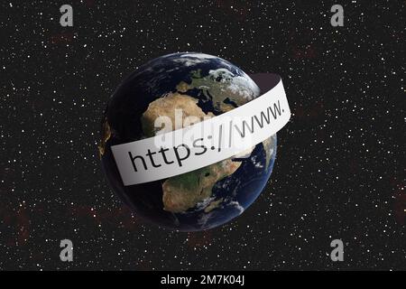 Realistische Erde mit einem Papierzettel, auf dem https und www auf dem Hintergrund der Galaxie dargestellt werden. Konzept des Internets, WWW und SSL sichere Webverbindung Stockfoto