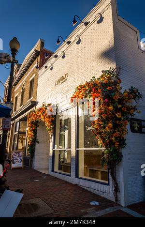 Café in der angesagten, gehobenen Wisconsin Avenue mit modischen Geschäften und Restaurants in Georgetown, einem historischen Viertel, und Gewerbegebiet Stockfoto