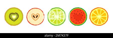 Fruchtscheiben in Herzform zum Valentinstag. Geometrische Formen in einem modernen, psychedelischen, lebendigen Stil. Vektordarstellung auf weiß isoliert Stock Vektor