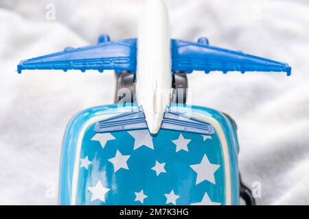 Koffer Schweinebank Flugzeug Plastikspielzeug auf gelben Blumen grünes Gras oder graue Decke, Kinderhände. Reisekonzept Stockfoto