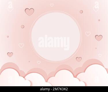 Zarter pinkfarbener Hintergrund zum Valentinstag mit Herzen und Wolken im Papierschnitt. Vorlage für eine Karte und Platz für eine Inschrift. Vektor. Postkarte Stock Vektor