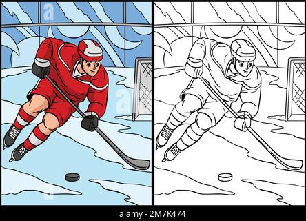 Eishockey-Ausmalseite – farbige Illustration Stock Vektor