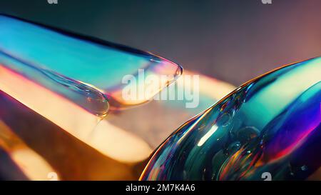 Kugelförmige und rechteckige Objekte, wunderschöne Reflexionen und Brechungen aus Regenbogenglas, abstrakt und modern, zart und elegant, dramatisch Stockfoto