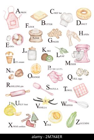 Aquarelle Kinder-ABC-Poster mit Essen und Küchenutensilien. Illustration des Hauslehrers Stockfoto