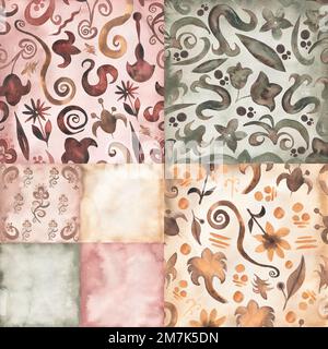 Zartes Patchwork Nahtloses Muster, Aquarell Vintage Florals Hintergrund, abstraktes Wiederholpapier, Blumenmuster für Stoff, Sammelalbum Papier. Stockfoto