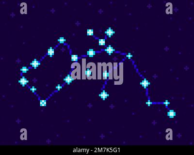 Aquariuskonstellation im Pixel-Art-Stil. 8-Bit-Stars am Nachthimmel im Retro-Videospiel-Stil. Sternenhaufen und Galaxien. Anwendungsgerechte Konstruktion Stock Vektor