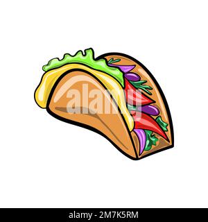 Vektordarstellung mexikanischer Taco Carne asada mit frischer Salsa im süßen Cartoon-Stil. Traditionelles mexikanisches Gericht. Stock Vektor