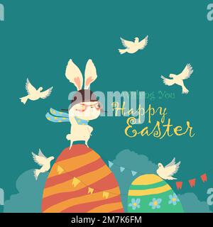 Frohe Osterillustration mit süßen weißen Bunnies, Ostereiern und Tauben Stock Vektor