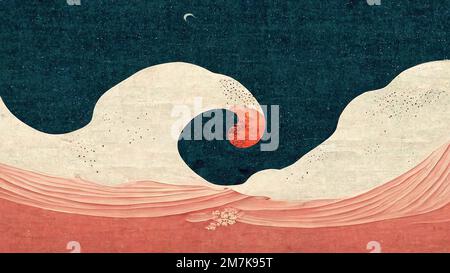 Rosa einfache Wellen und dunkelgrüner Himmel, abstrakt und markant, Retro und elegant, im Stil von Ukiyoe von Katsushika Hokusai, japanisch traditionell und Stockfoto
