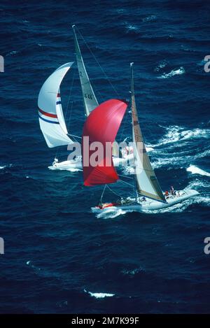 Australien. America's Cup Yacht Race. 1986. Amerika II und French Kiss (mit rotem Spinnaker) aus der Vogelperspektive. Stockfoto