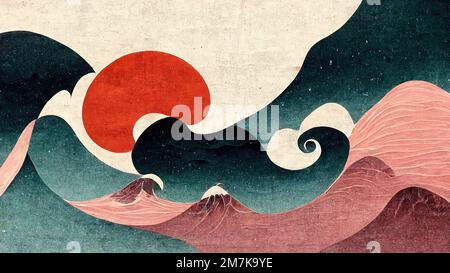Orangefarbener Organismus und smaragdgrüne und rosafarbene Wellen, abstrakt und markant, Retro und elegant, hergestellt durch japanisches traditionelles und grafisches Design Ai in Stockfoto