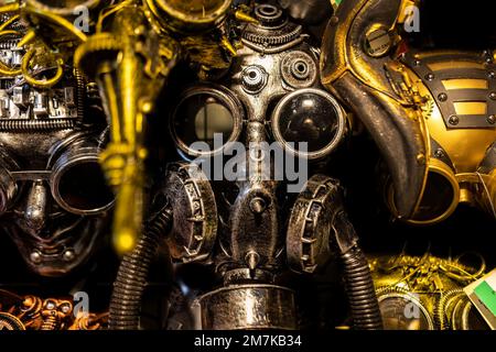 Steampunk-Maske, Metall, Detailszene Stockfoto