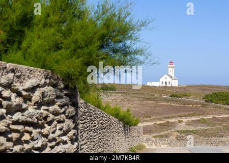 Leuchtturm Poulains auf dem Hügel mit Steinwand im Vordergrund in der Bretagne, Frankreich Stockfoto