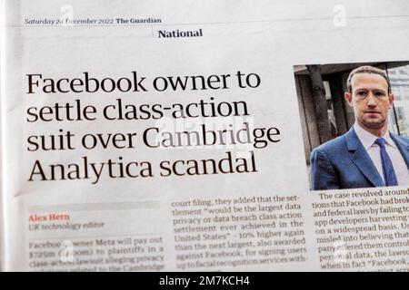 Mark Zuckerberg 'Facebook owner to Settlement class-Action suit over Cambridge Analytica scandal' Guardian Schlagzeile Artikel 24. Dezember 2022 UK Stockfoto