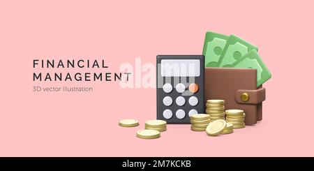 Taschenrechner Goldmünzen Brieftasche mit Papierwährung im 3D-Stil. Buchhaltungs- und Sparkonzept. Business-Banner für Finanzmanagement. Vektorillus Stock Vektor