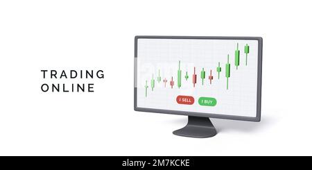 PC-Monitor mit Kerzenleuchtendiagramm auf dem Bildschirm im 3D-Stil . Online-Börsenbanner. Erfolgsstrategie Online-Handel. Vektordarstellung Stock Vektor