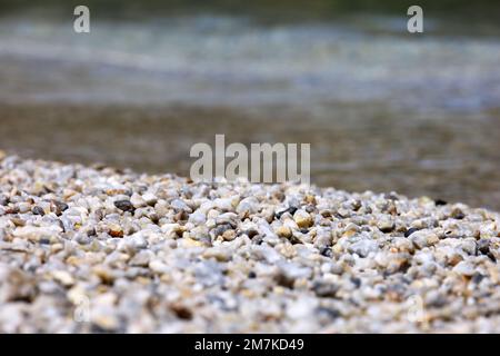 Kleine Kieselsteine am Meeresstrand mit durchsichtigem Wasser. Natürlicher Hintergrund für Sommerferien Stockfoto