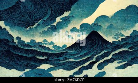 Moderne, Retro-, traditionelle und klassische japanische Ukiyo-e-Designelemente im Stil von Katsushika Hokusai mit der Textur von japanischem Papier ge Stockfoto